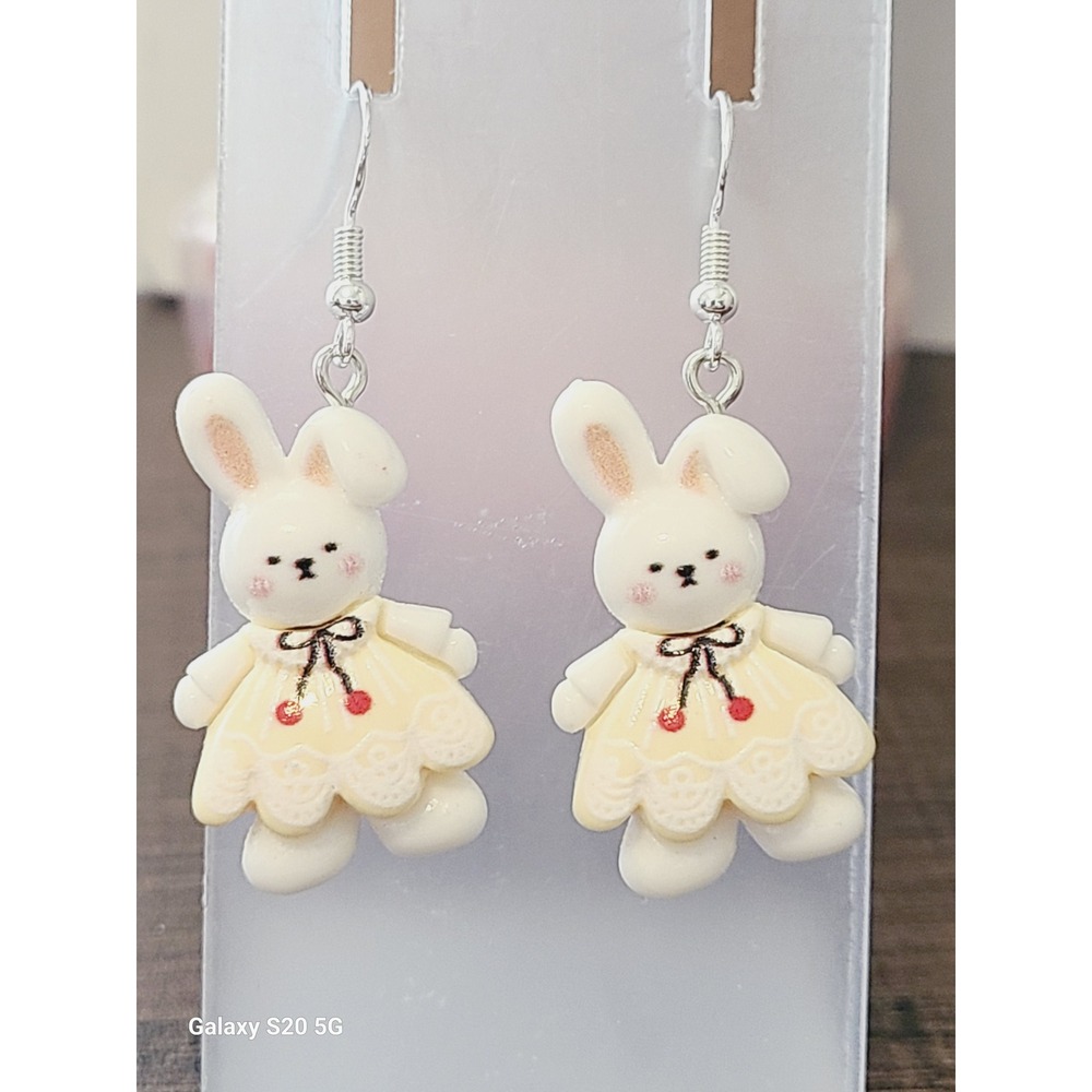 Handmade White Bunny Rabbit Yellow Dress Drop Earrings Easter NEW Jewelry
